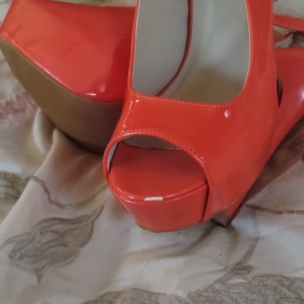 Sexy Deb Orange Patent Leather Peep-Toe Slingback Stripper Heels, Sz 11! 🍁 - Picture 6 of 7